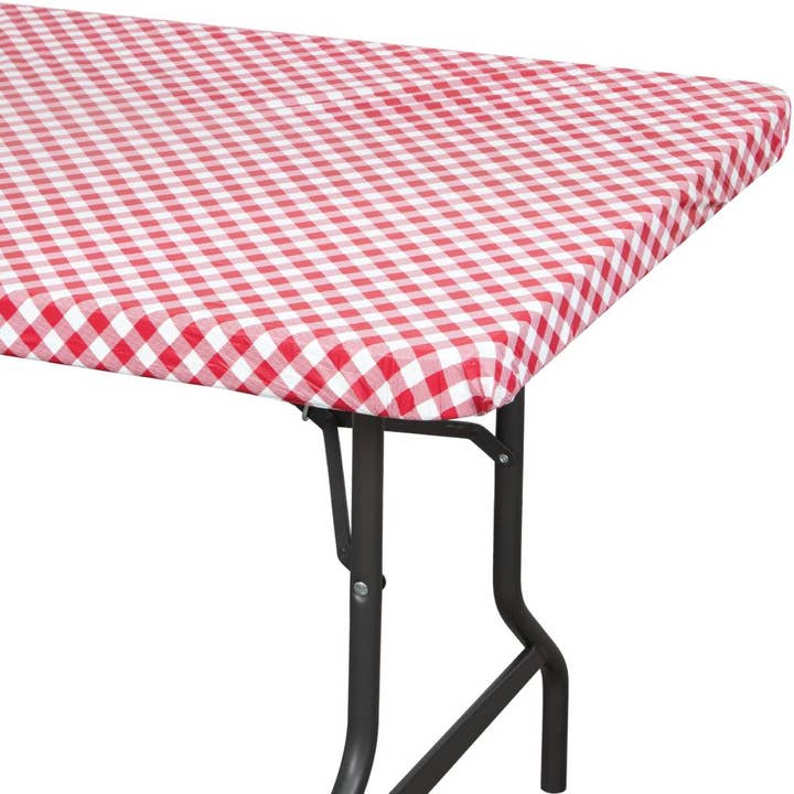 Bulk Red and White Gingham 30" x 96" Rectangular Stay Put Plastic tablecover (12 per Case) for wholesale by Bulk Party Decor