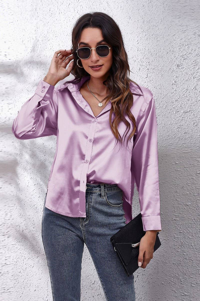 NINEXIS - Wholesale Button Down Shirt - Women's - CWTBLL0691_Button Down Silky Satin Long Sleeve Top55