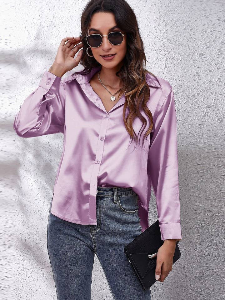 NINEXIS - Wholesale Button Down Shirt - Women's - CWTBLL0691_Button Down Silky Satin Long Sleeve Top55