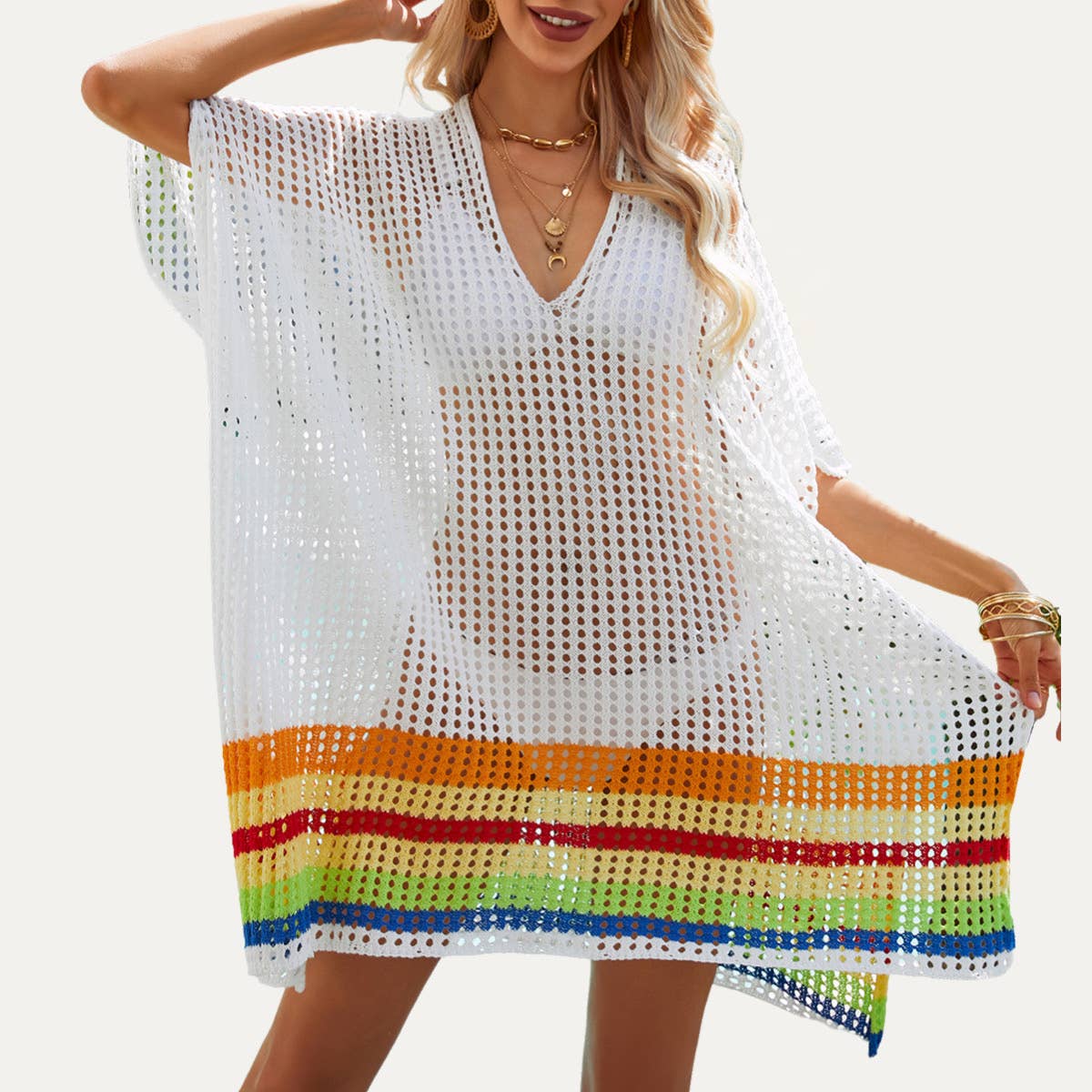 The Moment Collection – wholesale Strandkläder – Dam – Seaside Resort Regnbåge Mångfärgad Virkad Simma Cover-Up7