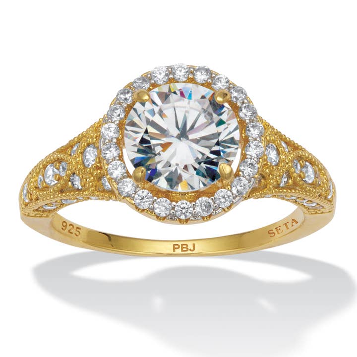 14k Gold-Plated Sterling Silver CZ Halo Engagement Ring for wholesale by PalmBeach Jewelry
