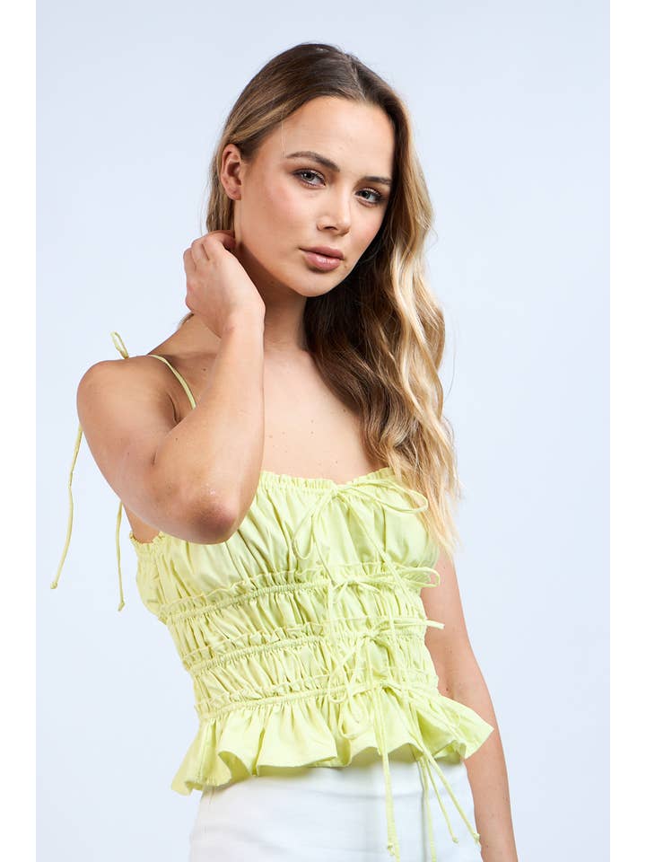 Sky to Moon - Wholesale Blouse - Women's - SOLID RUFFLE TRIM RUCHED TIERED TIES CROP TOP