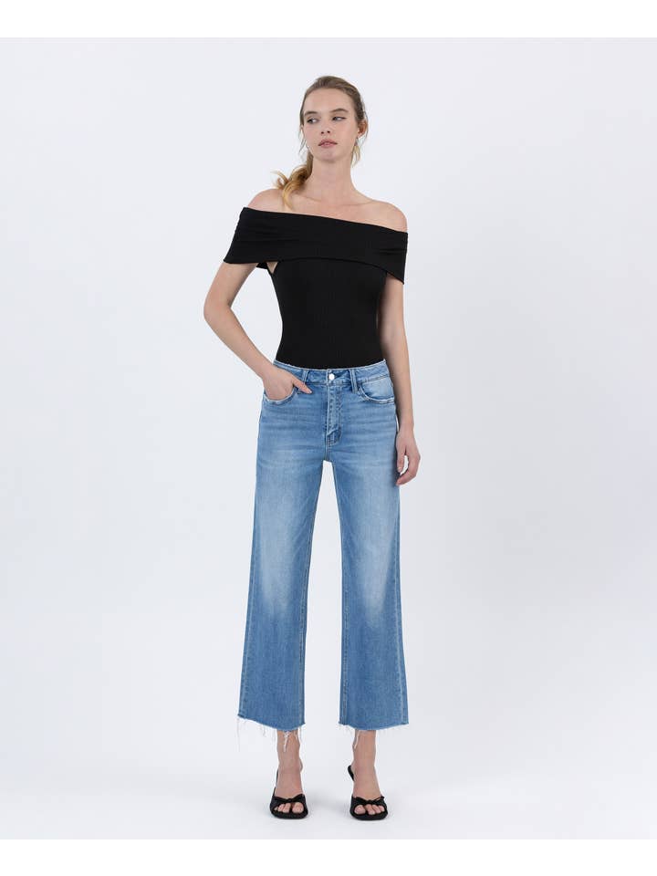 WELL BALANCED HIGH RISE RAW HEM CROP SLIM WIDE JEANS F6086 for wholesale on Faire6