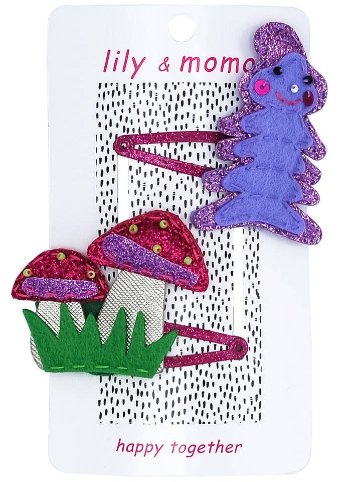 Caterpillar & Mushroom Hair Clips- Purple and Pink for wholesale by Lily and Momo