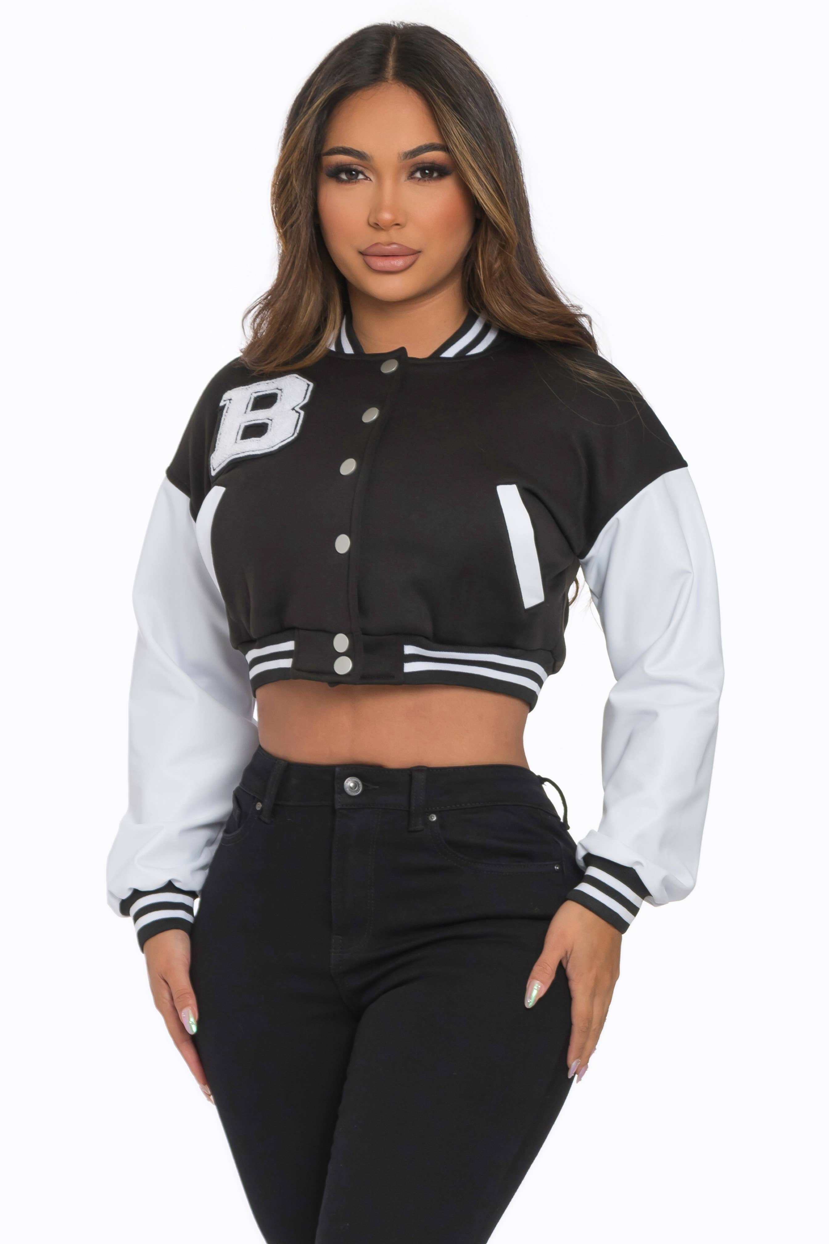 Lime All the Time - Wholesale Varsity/Baseball Jacket - Women's - B Logo Cropped Varsity Jacket3