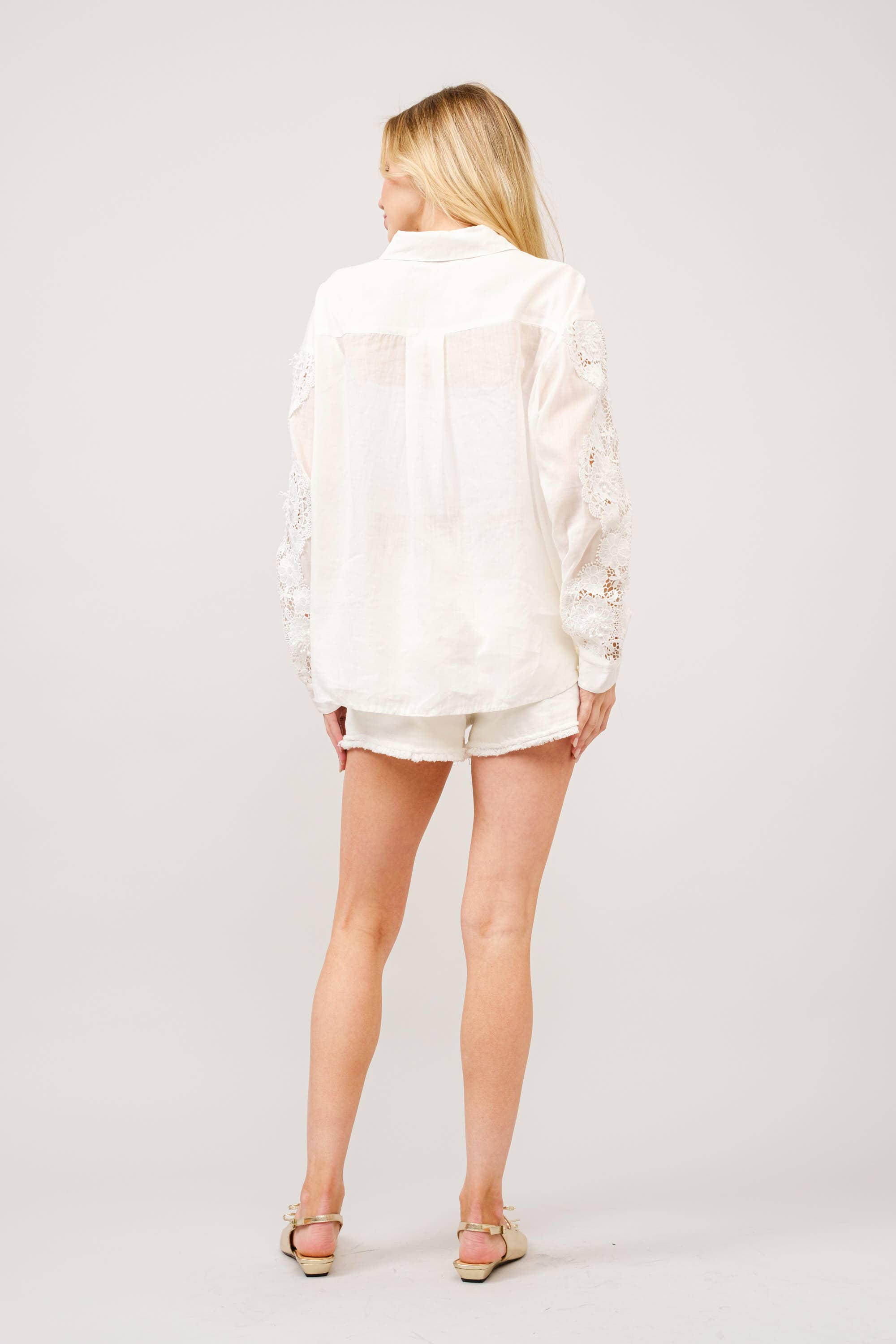 OFF WHITE 41001T - Crochet Lace Linen Blend Button-Up Blouse for wholesale on Faire8