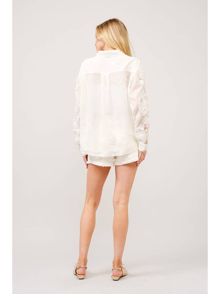 OFF WHITE 41001T - Crochet Lace Linen Blend Button-Up Blouse for wholesale on Faire8