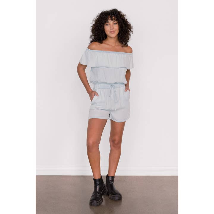 Off Shoulder Ruffle Romper for wholesale by Naked Zebra Rack