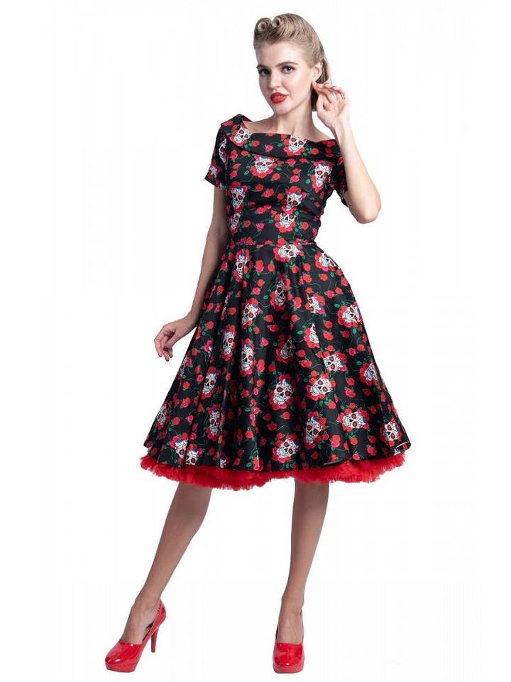 Dolly & Dotty - Wholesale Dress - Women's - Rockabilly Skulls & Roses Darlene Swing Dress