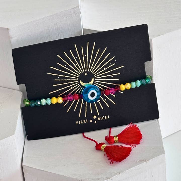 Evil Eye Beaded Adjustable Bracelet with Tassels for wholesale by Picki Nicki
