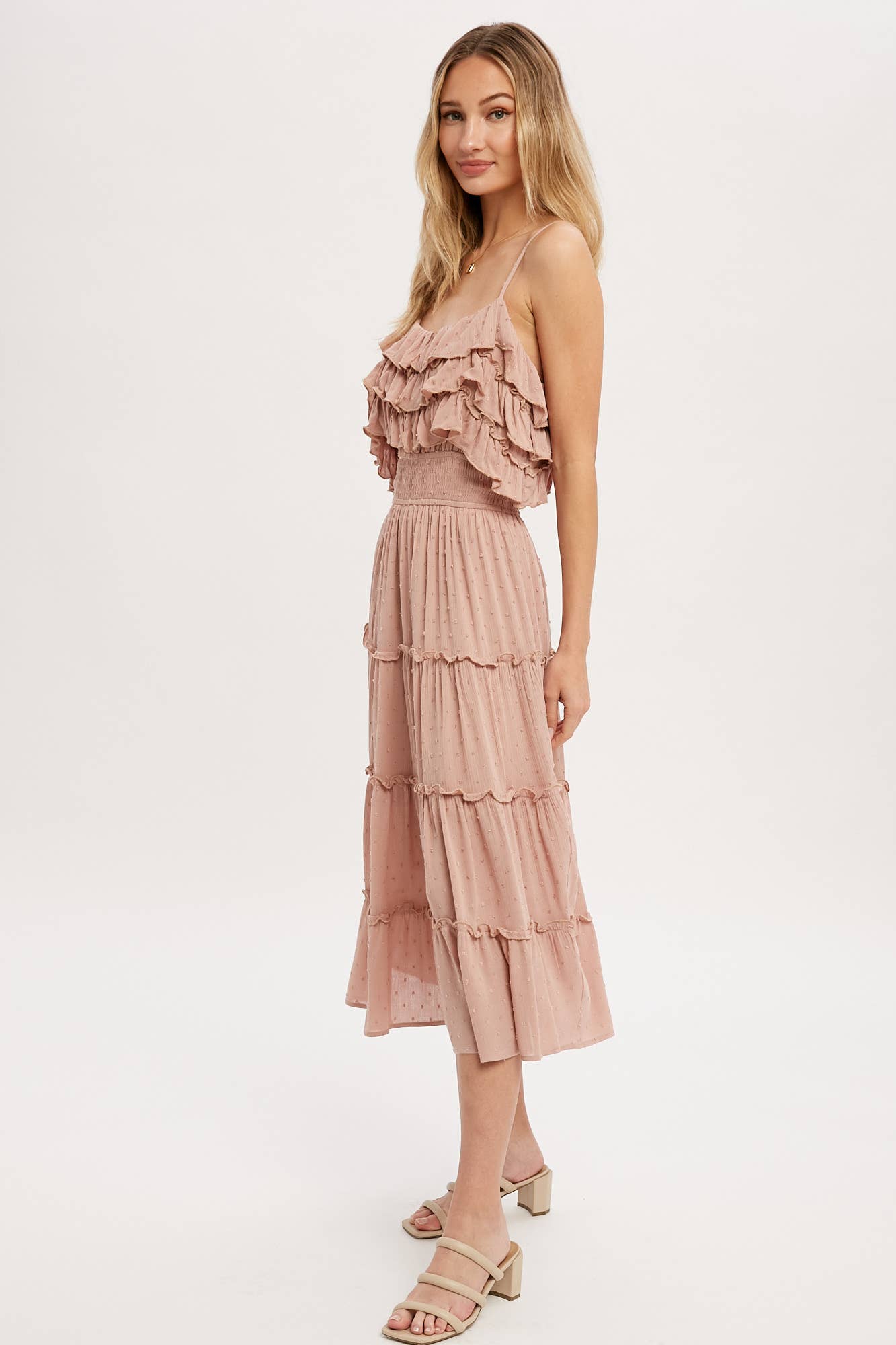 Bluivy – Großhandel Kleid – Damen – GESTUFTES MIDIKLEID MIT SCHWEIZER PUNKTEN UND RÜSCHEN16