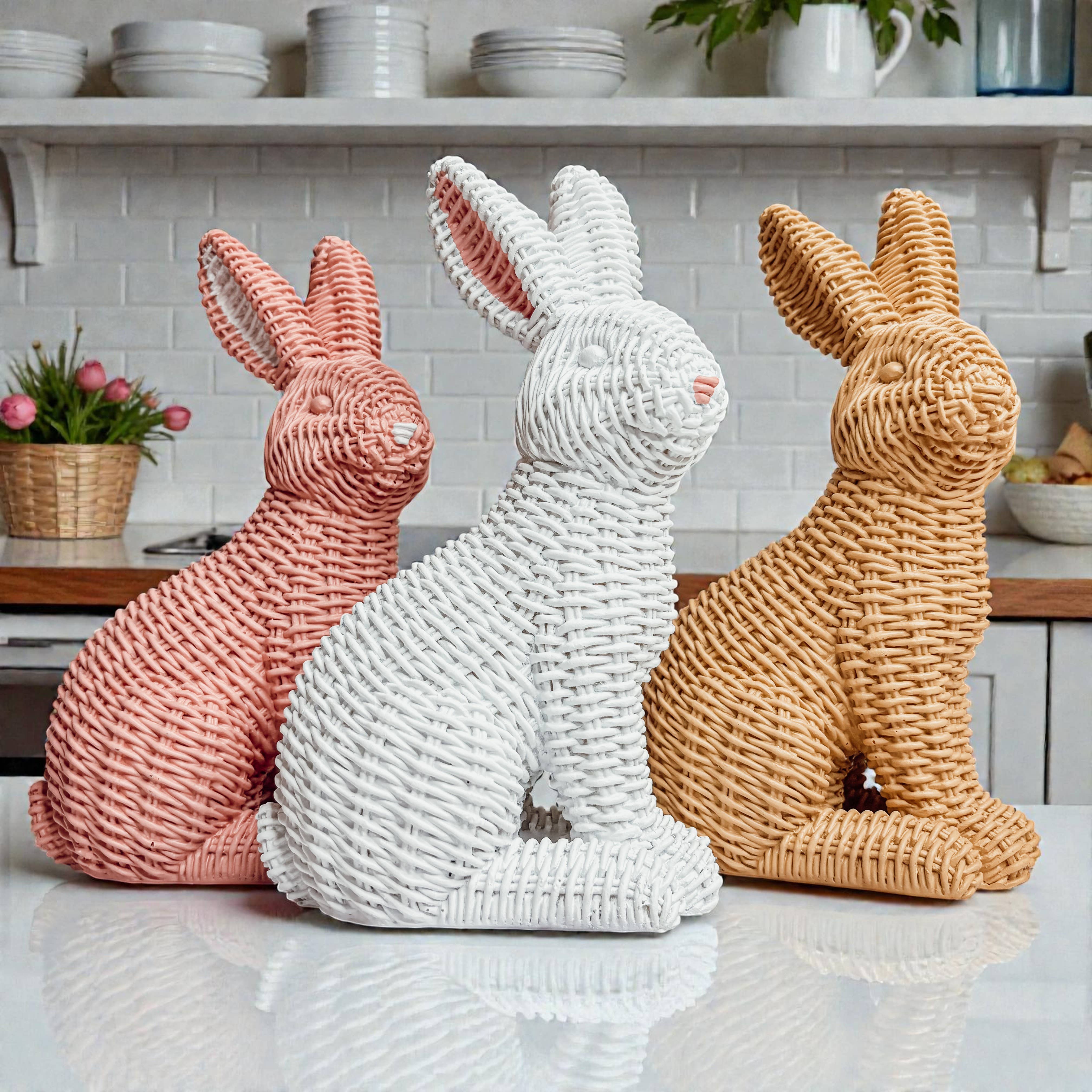 Gia Roma - Wholesale Sculpture - Easter Farmhouse Home Decor, Resin Bunny Figurine Rattan 1