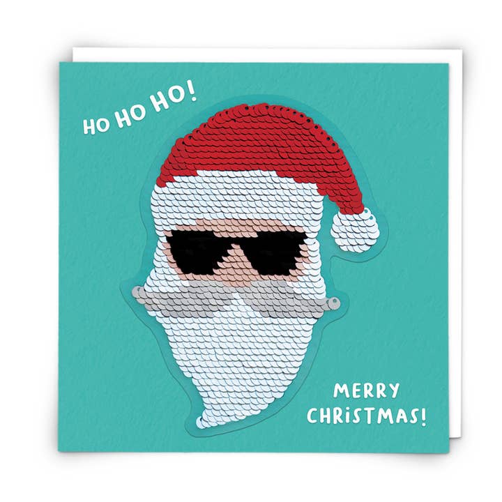 Coole Weihnachtsmann-Grußkarte mit wiederverwendbarem Pailletten-Patch für den Großhandel von Redback Cards UK