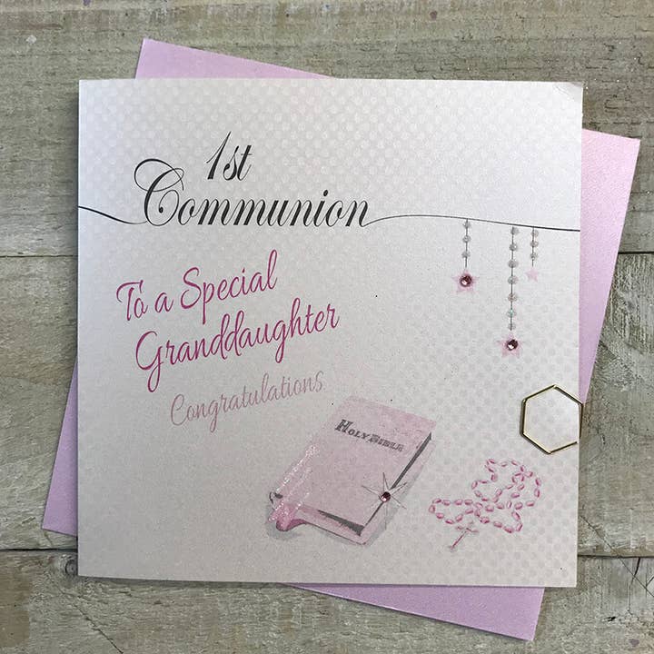 White Cotton Cards - Wholesale Confirmation & Communion Card - 1st Communion Special Granddaughter Pink Bible