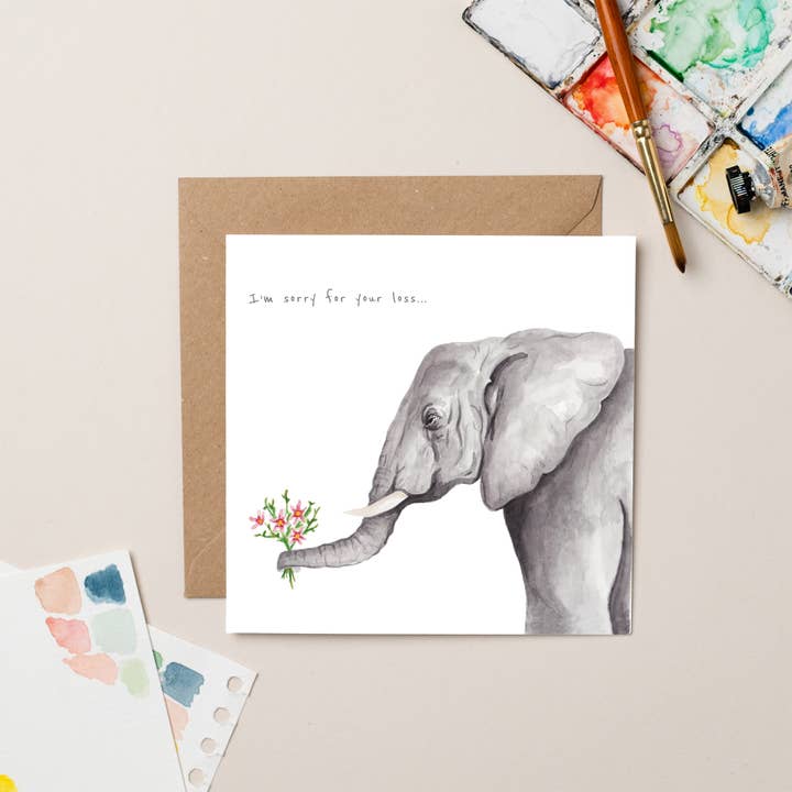 Elephant with Flowers Sorry and Sympathy card for wholesale by lil wabbit