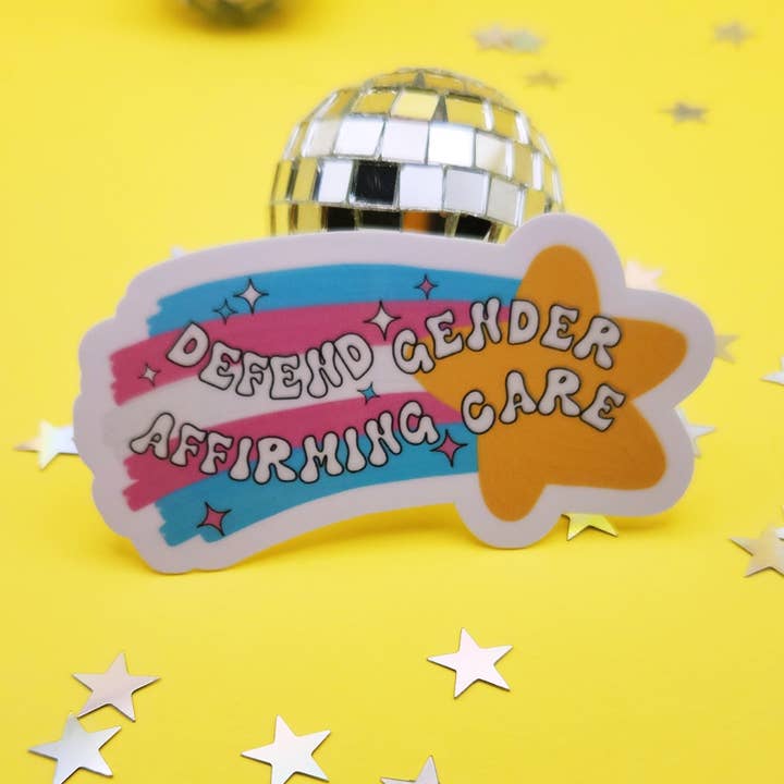 Defend gender affirming care sticker transgender waterproof for wholesale by Luxe Trauma