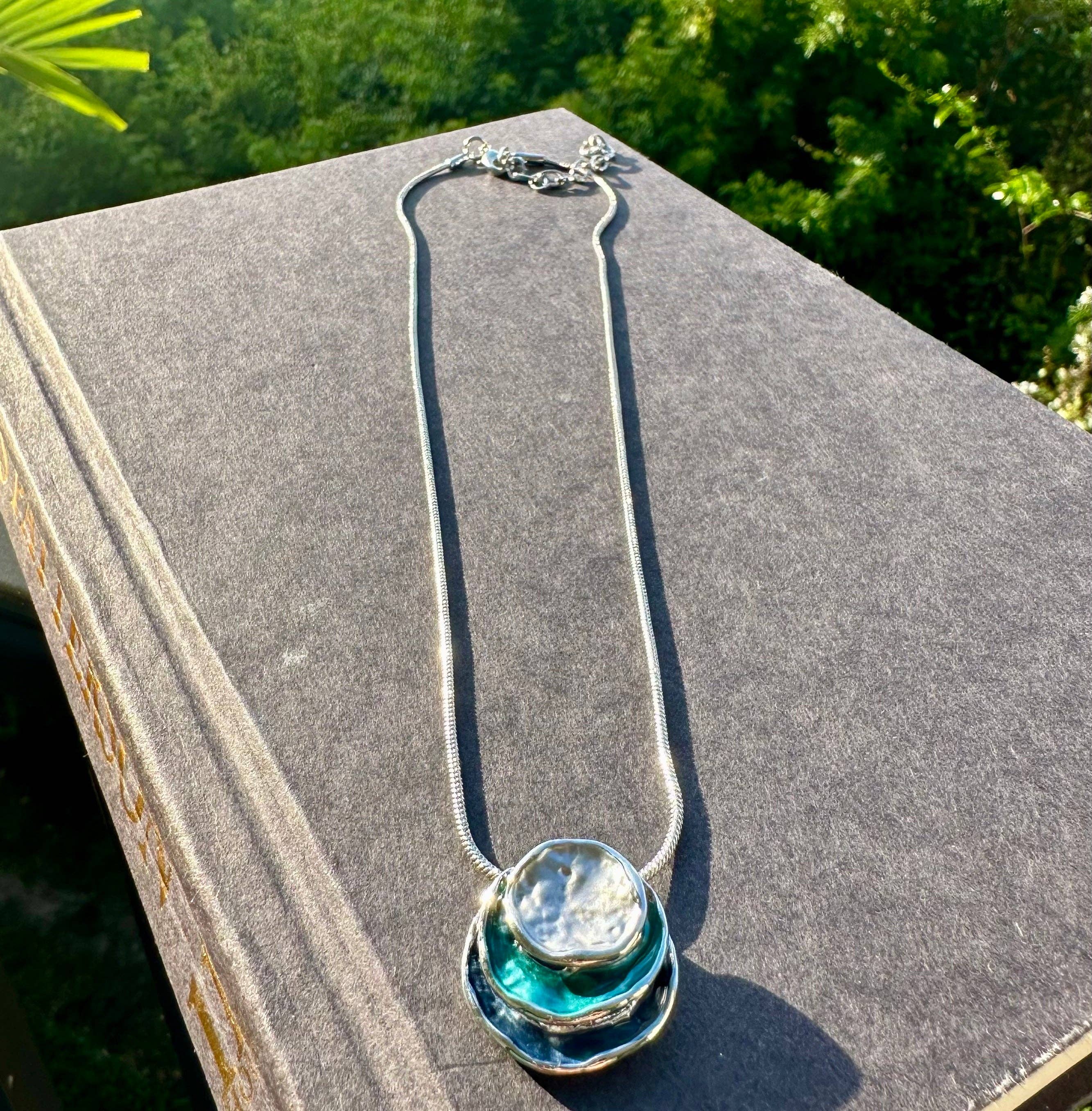 Offshore Surf Co - Wholesale Pendant/Charm Necklace - Three Stacked Potato Chip Blue Pastel Pearl Necklace1