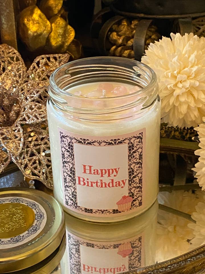 Happy Birthday 9 Oz. Soy Candle Cake Rose Quartz Damask for wholesale by Vintage Luxe Design Co.