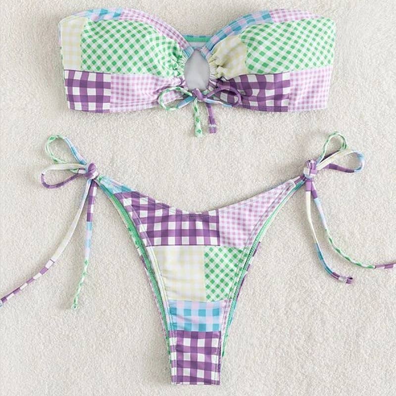 Sweetkama – wholesale Tvådelad baddräkt - Dam – 2 Piece Lattice Print String Slips Baddräkt Bikini Set4