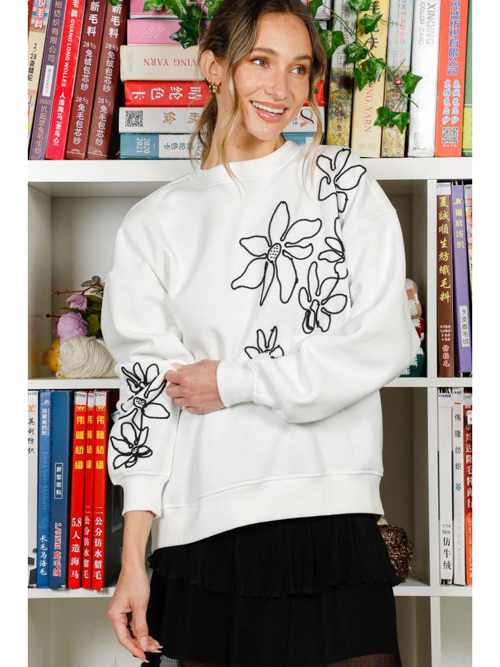 Vine & Love - Vente Sweat-shirt – femme - Sweat-shirt à col rond et manches longues brodé de fleurs VT822697