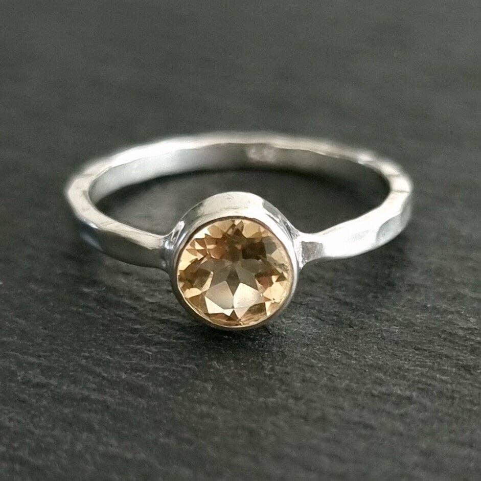 Mistry Gems - Wholesale Single Stone/Solitaire Ring - Unisex 6mm Round Citrine Ring | Hammered Sterling Silver4