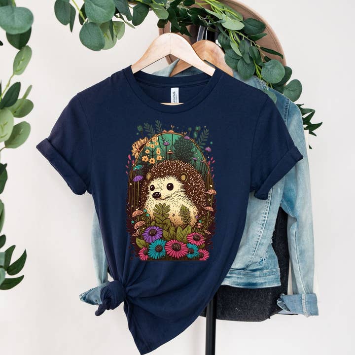 Vivtrek - Wholesale Screen Printed T-Shirt - Women's - Baby Hedgehog Floral Cottagecore Tshirt, Flower1