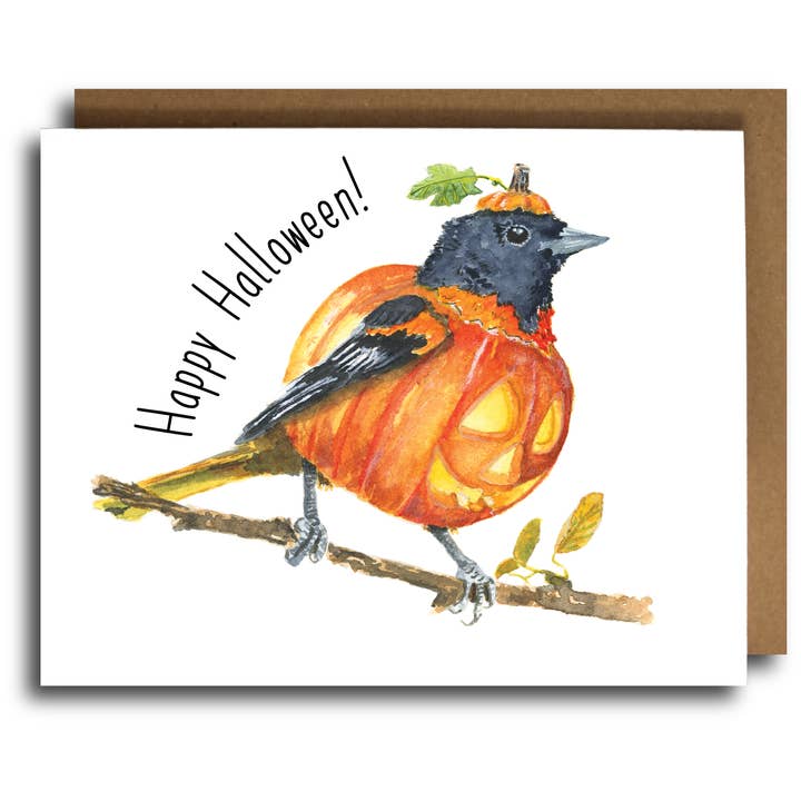 Tarjeta de felicitación de Halloween de los Orioles de Baltimore | Temática de pájaros para venta al por mayor de Nicole Leah Designs
