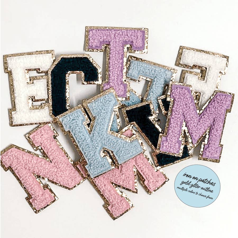 White Chenille Iron On Gold Glitter Letter Patches