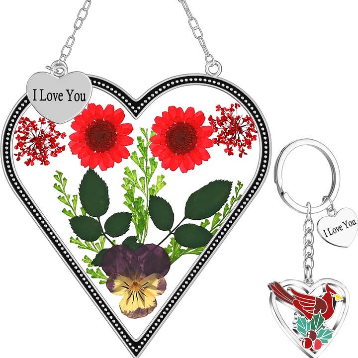 Heart-Shaped Real Flower Suncatcher with 'I Love You' Keychain Gift Set for wholesale by Longshinnning