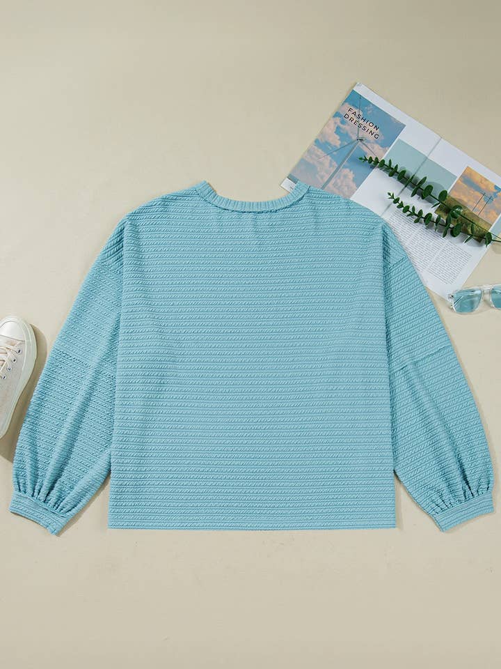 Light Blue Textured Drop Shoulder Plus Size Knit Top for wholesale on Faire2