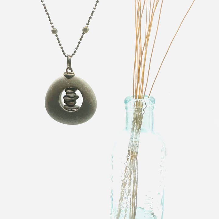 Suzanna Garrett Designs - Wholesale Pendant/Charm Necklace - Brass Short Cored River Stone Stack