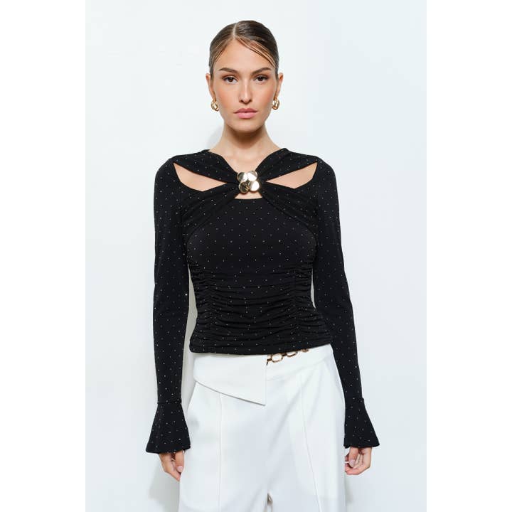 Cutout Twist Front Ruched Top with Gold Detail for wholesale by INA