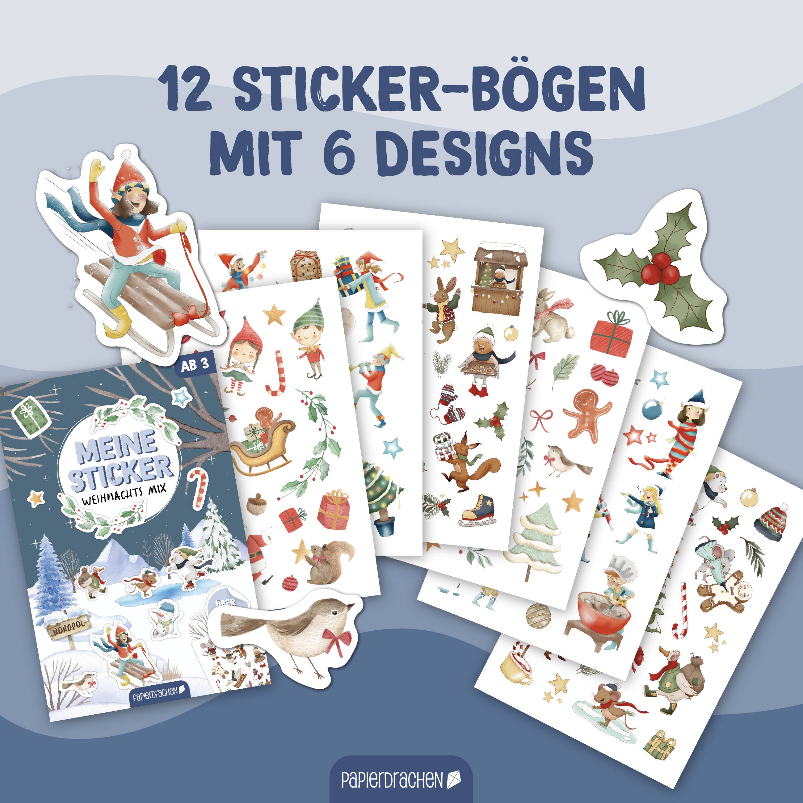 Papierdrachen – wholesale Adventskalender – Julklistermärkesblock i akvarell - Set 012