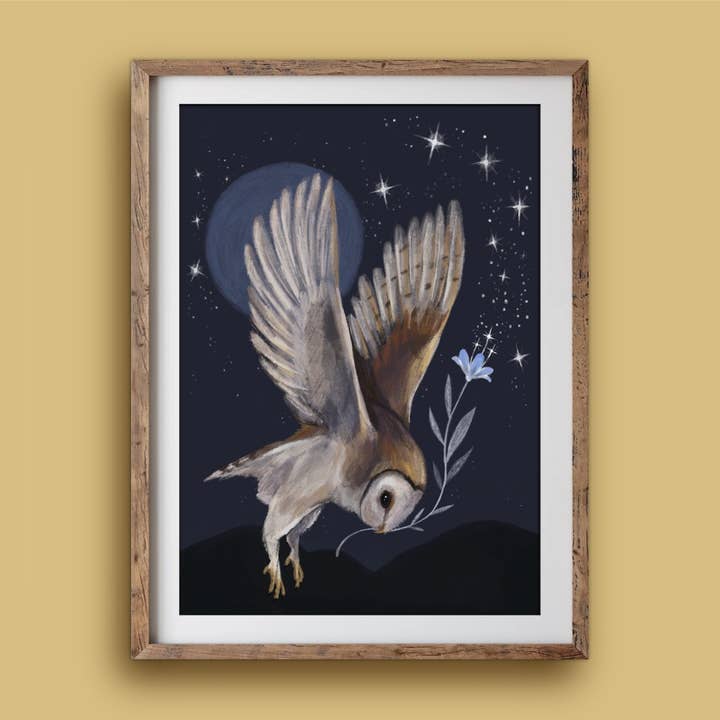 Anna Seed Art - Wholesale Art print - Art Print - Barn Owl in Flight - Beautiful fantasy illustration, wall art1