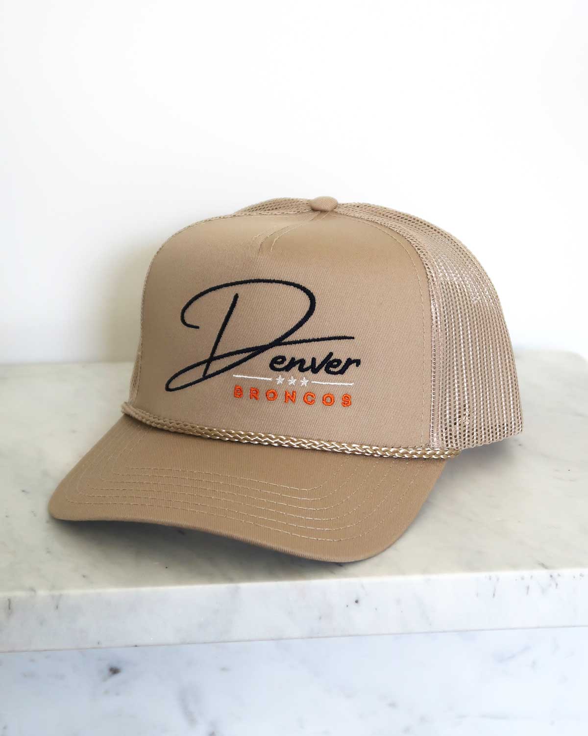 Sundrop - Wholesale Trucker Hat - Unisex - Denver Broncos Trucker Hat - Khaki Embroidered Vintage Vibes3