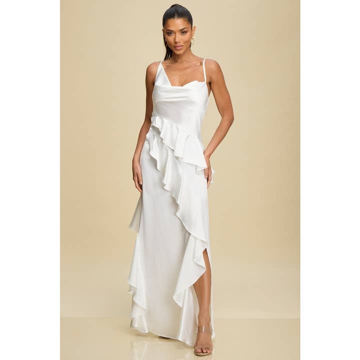 RUFFLE CASCADE SATIN GOWN for wholesale by Luxxel