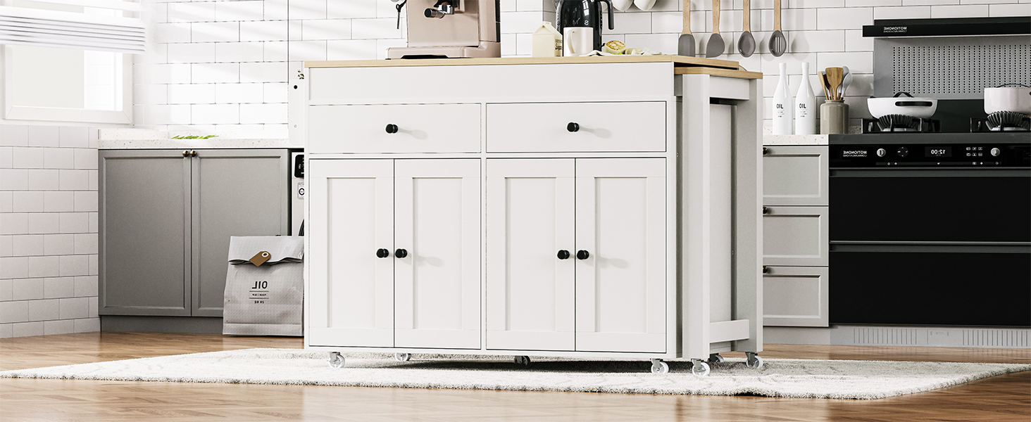 HOMYCASA DESIGN INC - Wholesale Kitchen Storage/Organizer - K&K 74.5 inch Kitchen Island with Extendable Dining Table , Rolling Kitchen Island on Wheels with Spice Rack and 2 Drawers,  Kitchen Storage Cart with 4 Door Cabinet, for Kitchen, Dining Room, White37