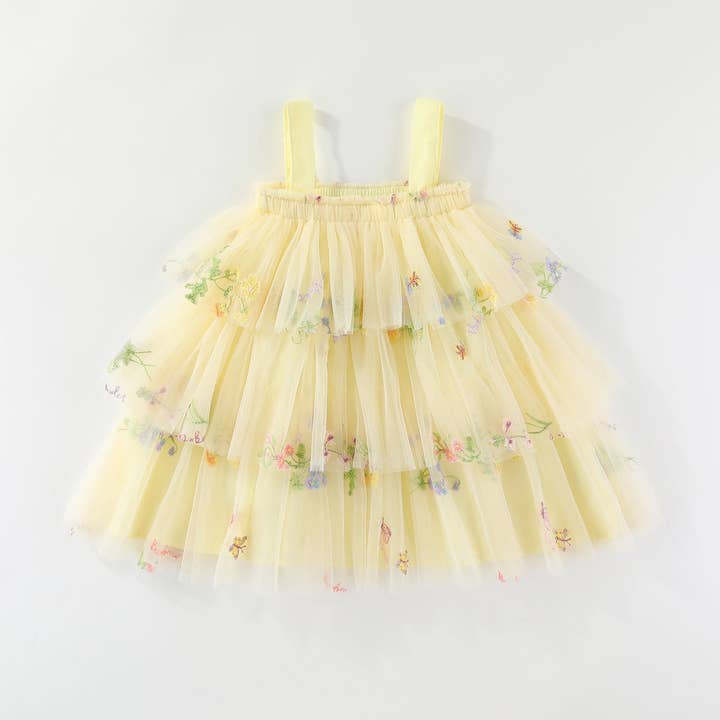Summer flower embroidered mesh multi-layered tulle dress for wholesale by Little Trendy