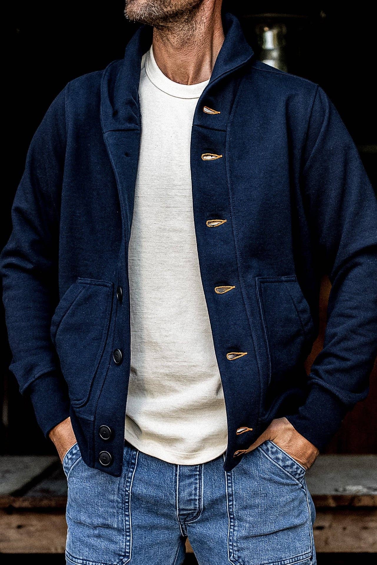 Men's Bodega Shawl Cardigan | 14oz 100% Cotton French Terry - Navy for wholesale on Faire3