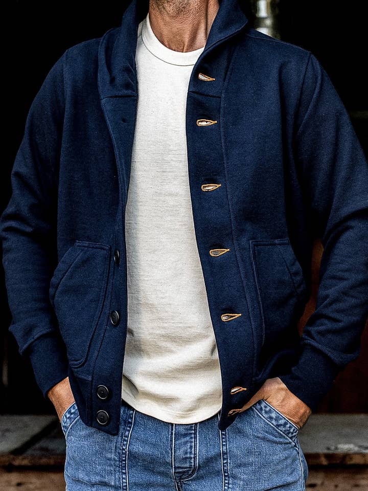 Men's Bodega Shawl Cardigan | 14oz 100% Cotton French Terry - Navy for wholesale on Faire3