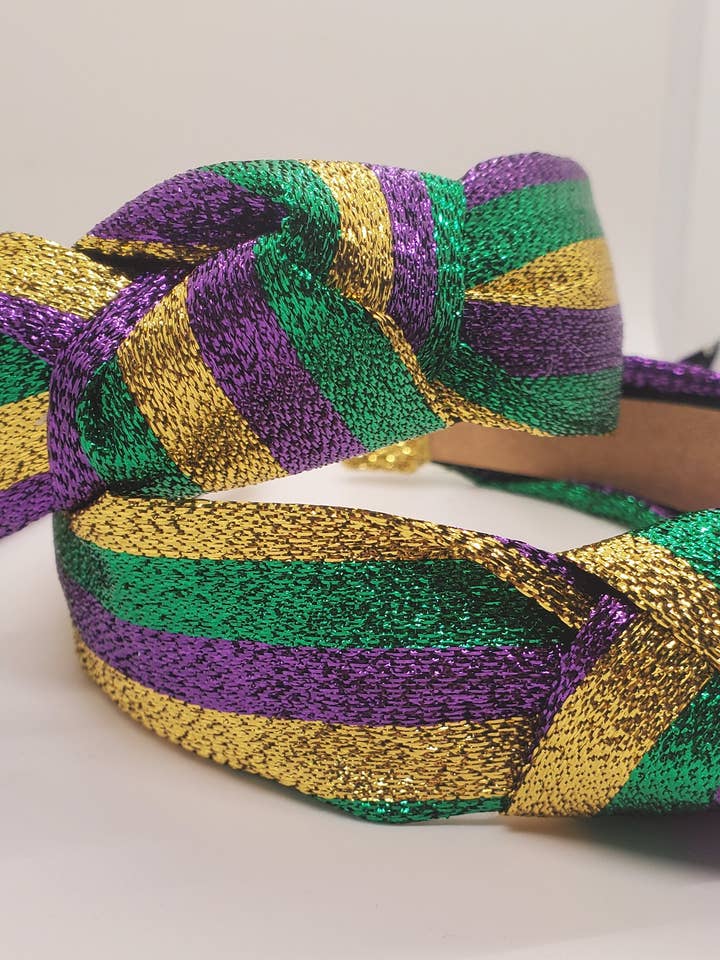 Mardi Gras Headband, Mardi Gras Headbands, Mardi Gras Knot Headband, Mardi Gras Hair Accessories, Lamé Headband, Fat Tuesday Headband for wholesale by Maggie G