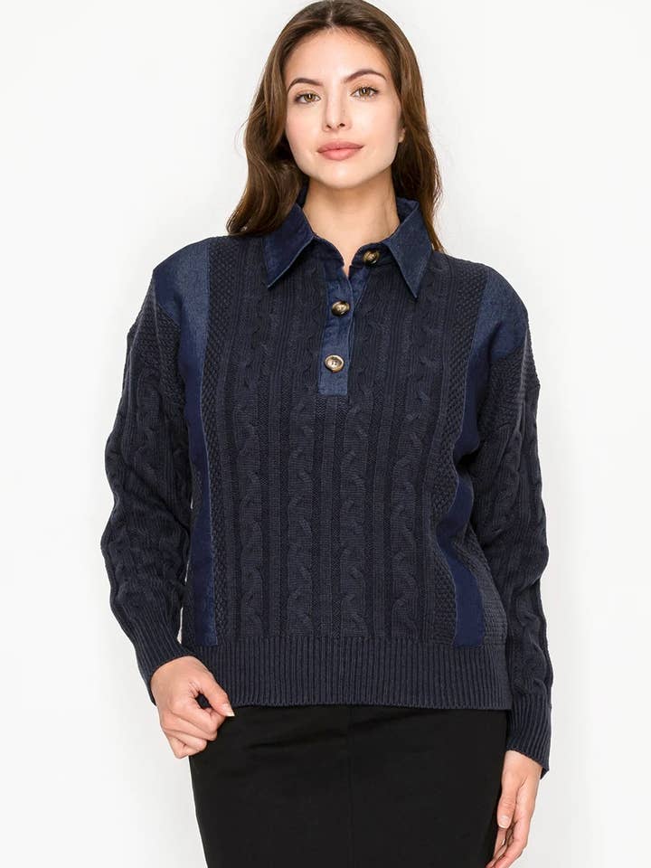 Navy Mixed-Texture Sweater With Button Collar for wholesale by Yal New York