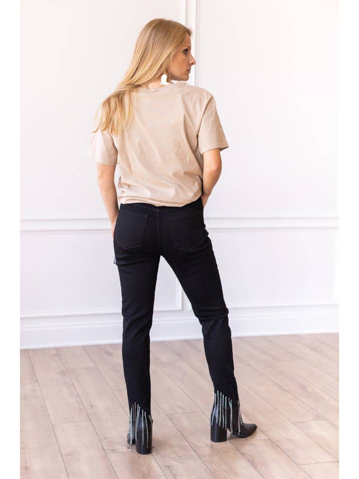 Denim Blue Black Skinny Jeans with Rhinestone Fringe Detail for wholesale on Faire