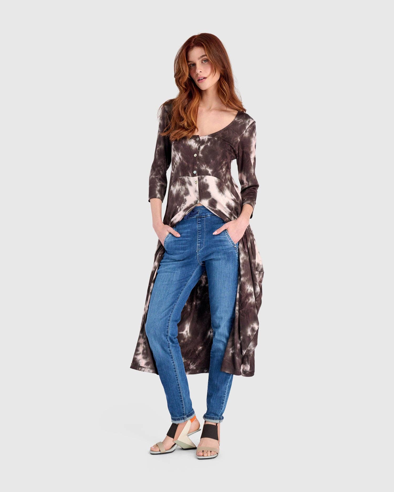 Homebound Button Dress, Brown/Pink Tie Dye for wholesale on Faire6