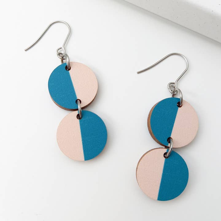 Miami Wooden Earrings Teal/Pale Pink for wholesale by Unique Ella