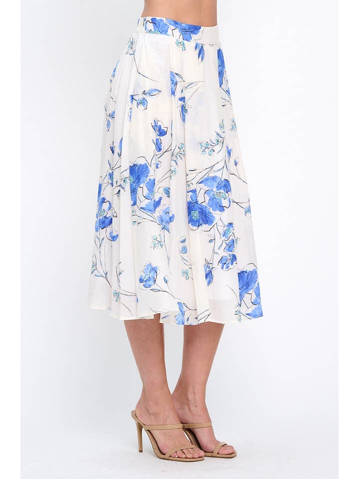 White blue Made in USA Floral Print Midi Skirt with Lining and Pockets for wholesale on Faire