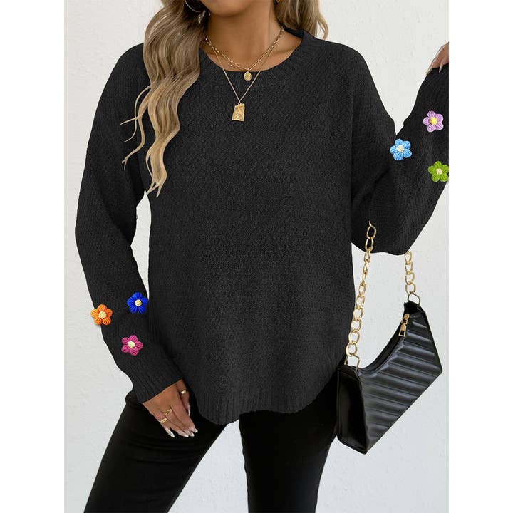 UNISHE - Wholesale Knit Sweater - Women's - Hand-Crocheted Floral Patchwork Round Neck Sweater OYM2535