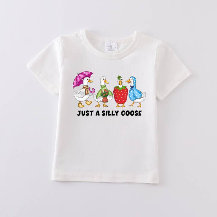 Auraquise - Vendita all'ingrosso Maglietta serigrafata - Bambini - Maglietta bianca in cotone con stampa oche multicolore per ragazze estate