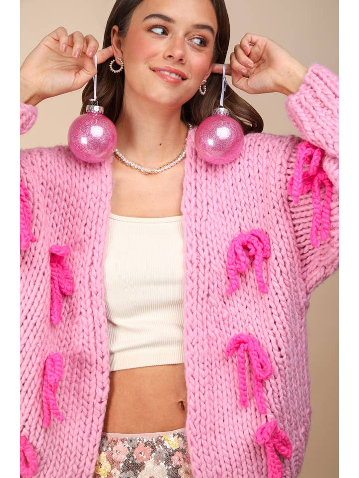 VERY J - Wholesale Cardigan - Women's - 12W3214N-HANDMADE Ribbon Chunky Knit Sweater Cardigan
