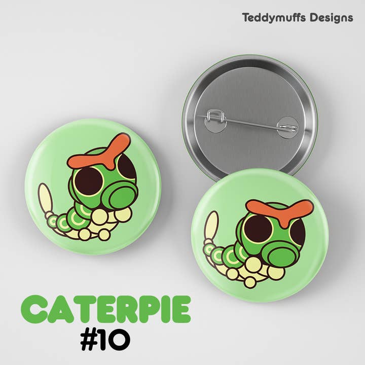 Caterpie Button Pin | Pokemon | Pokémon for wholesale by Teddymuffs Designs